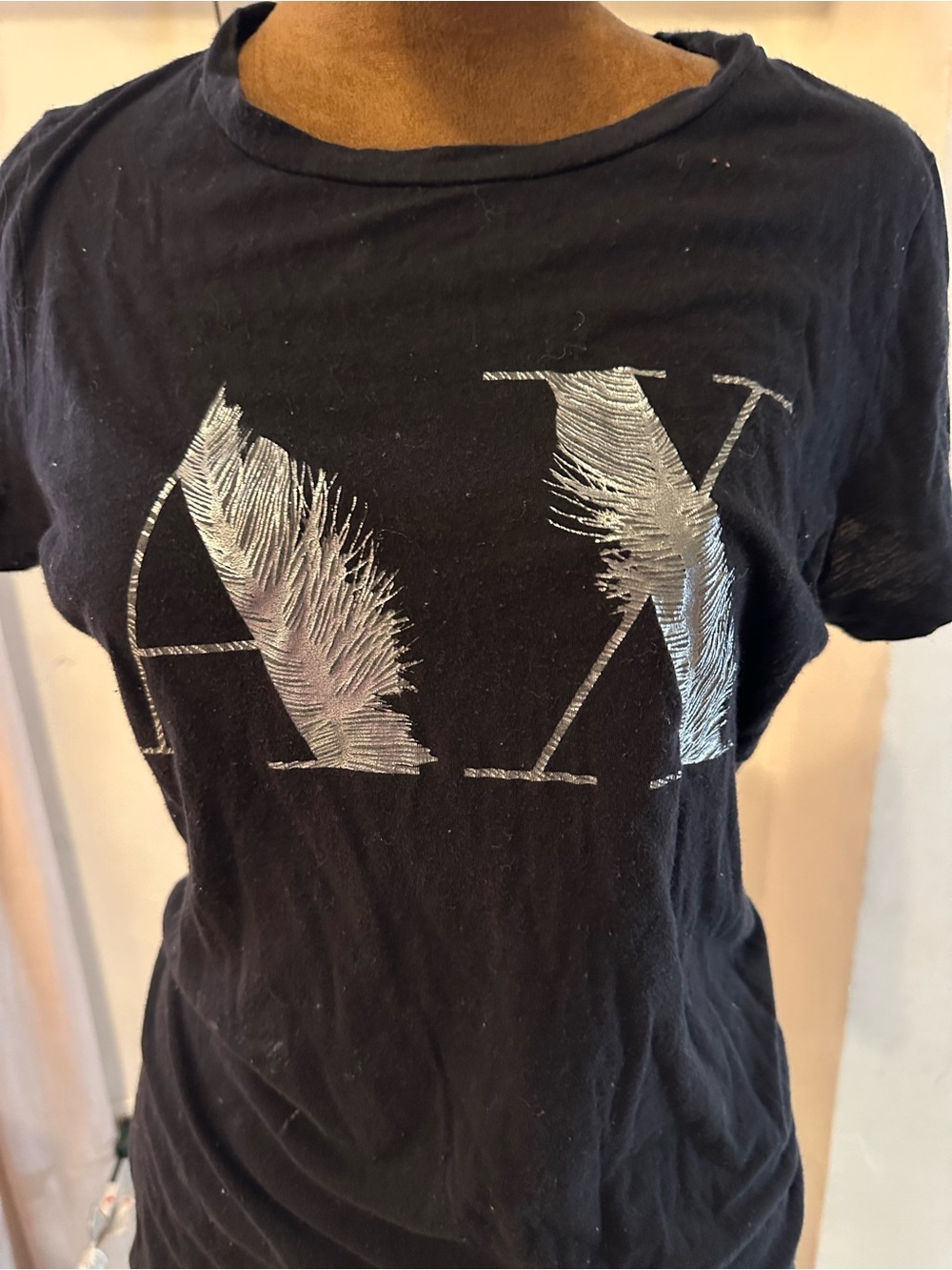 Armani Exchange Black Tee with Metallic Silver Feather Logo